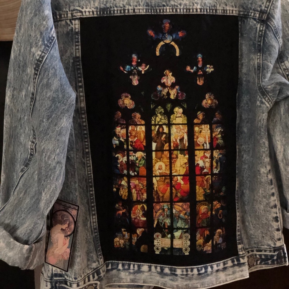 Alphonse Mucha Stained Glass Denim Jean Jacket NWT